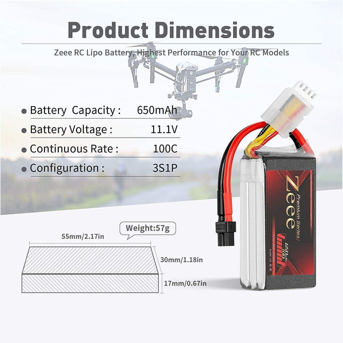 2x Zeee 3S Lipo Battery 11.1V 650mAh XT30 100C for RC Car Drone Truck Auto UAV