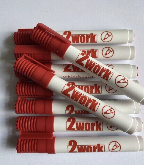 2WORK 10x WHITEBOARD MARKER PENS RED DRY WIPE OFFICE SCHOOL