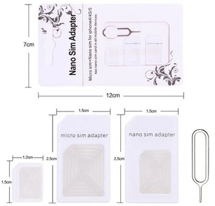 4x 4 IN 1  NANO TO MICRO & STANDARD SIM CARD ADAPTER FOR VARIOUS MOBILE PHONES